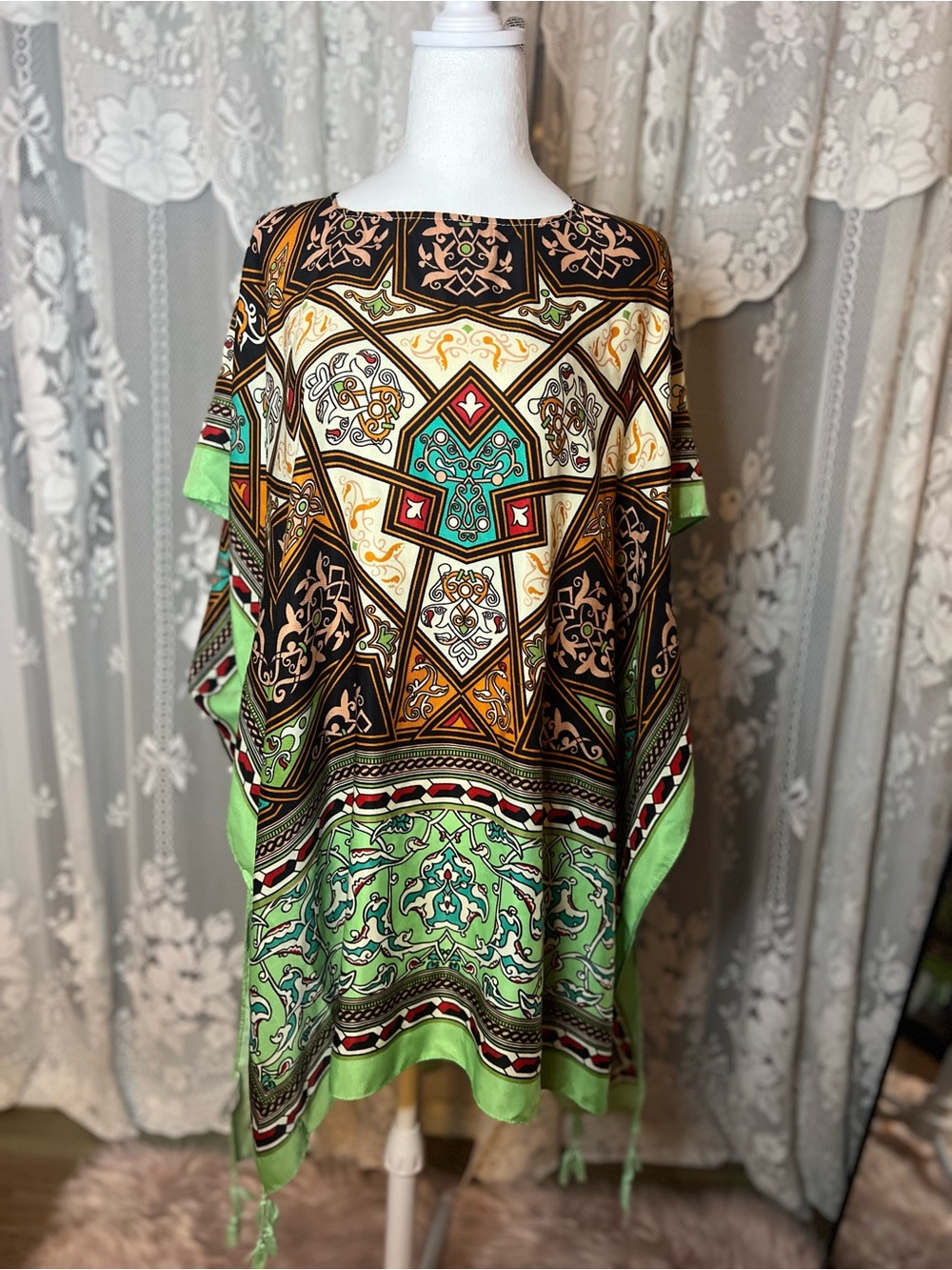 Boho Printed Green Multi-Color Poncho Top
